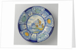 Plate, polychrome-painted the flat landscape with houses and a drawbridge; edge with five courses a stylized flower. by Anonymous