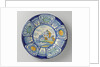 Plate, polychrome-painted the flat landscape with houses and a drawbridge; edge with five courses a stylized flower. by Anonymous