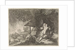 Shepherd and shepherdess shelter from a storm by Moyses van Wtenbrouck