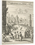 View of a square where a black man with firepit is running by Jan Luyken