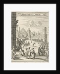 View of a square where a black man with firepit is running by Jan Luyken