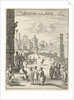 View of a square where a black man with firepit is running by Jan Luyken