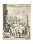 View of a square where a black man with firepit is running by Jan Luyken