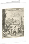 View of a square where a black man with firepit is running by Jan Luyken