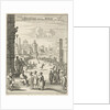 View of a square where a black man with firepit is running by Jan Luyken