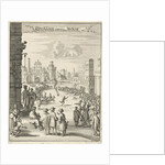 View of a square where a black man with firepit is running by Jan Luyken