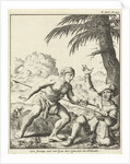 Javanese and Dutch man stabbing each other with a spear and a dagger down by Jan Luyken