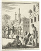 King stands with bow and arrow ready to shoot a bound prisoner by Jan Luyken