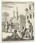 King stands with bow and arrow ready to shoot a bound prisoner by Jan Luyken