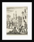 King stands with bow and arrow ready to shoot a bound prisoner by Jan Luyken