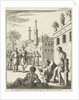 King stands with bow and arrow ready to shoot a bound prisoner by Jan Luyken