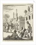 King stands with bow and arrow ready to shoot a bound prisoner by Jan Luyken