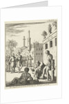 King stands with bow and arrow ready to shoot a bound prisoner by Jan Luyken
