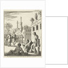 King stands with bow and arrow ready to shoot a bound prisoner by Jan Luyken