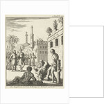King stands with bow and arrow ready to shoot a bound prisoner by Jan Luyken