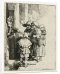 A blind hurdy-gurdy player with family receives a handout by Rembrandt Harmensz. van Rijn