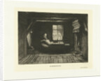 Peasant Woman sitting sewing in interior with a window by J. Bouwens