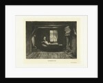 Peasant Woman sitting sewing in interior with a window by J. Bouwens