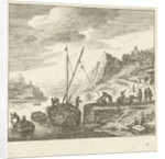 River view with men loading drums on a sailing ship by Herman Saftleven