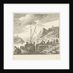 River view with men loading drums on a sailing ship by Herman Saftleven