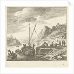 River view with men loading drums on a sailing ship by Herman Saftleven