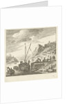 River view with men loading drums on a sailing ship by Herman Saftleven