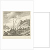 River view with men loading drums on a sailing ship by Herman Saftleven