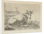 Lying cow at a fence by Anonymous