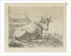 Lying cow at a fence by Anonymous