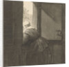 Female leaning over a lower door by Rembrandt Harmensz. van Rijn
