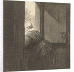 Female leaning over a lower door by Rembrandt Harmensz. van Rijn