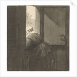 Female leaning over a lower door by Rembrandt Harmensz. van Rijn