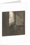 Female leaning over a lower door by Rembrandt Harmensz. van Rijn