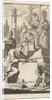 Six scholars with rolls of parchment on the stairs of a temple by Jan Luyken