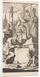 Six scholars with rolls of parchment on the stairs of a temple by Jan Luyken