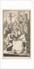 Six scholars with rolls of parchment on the stairs of a temple by Jan Luyken