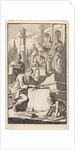 Six scholars with rolls of parchment on the stairs of a temple by Jan Luyken