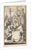 Six scholars with rolls of parchment on the stairs of a temple by Jan Luyken