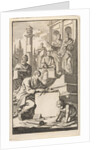 Six scholars with rolls of parchment on the stairs of a temple by Jan Luyken