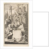 Six scholars with rolls of parchment on the stairs of a temple by Jan Luyken