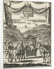 Writer Marie-Catherine d'Aulnoy in a sedan greeted by five riders by Jan Luyken
