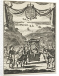 Writer Marie-Catherine d'Aulnoy in a sedan greeted by five riders by Jan Luyken
