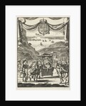 Writer Marie-Catherine d'Aulnoy in a sedan greeted by five riders by Jan Luyken
