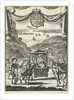 Writer Marie-Catherine d'Aulnoy in a sedan greeted by five riders by Jan Luyken