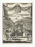 Writer Marie-Catherine d'Aulnoy in a sedan greeted by five riders by Jan Luyken