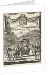 Writer Marie-Catherine d'Aulnoy in a sedan greeted by five riders by Jan Luyken