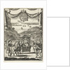 Writer Marie-Catherine d'Aulnoy in a sedan greeted by five riders by Jan Luyken