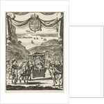 Writer Marie-Catherine d'Aulnoy in a sedan greeted by five riders by Jan Luyken