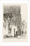Woman kneeling in front of a chapel by Cornelis Springer