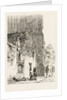 Woman kneeling in front of a chapel by Cornelis Springer